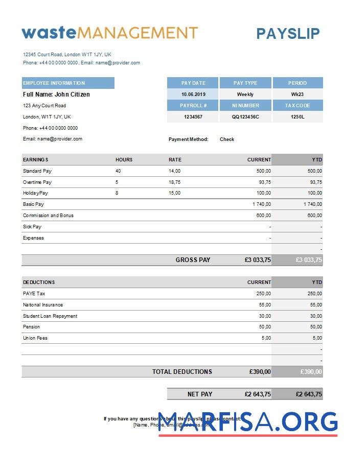 Realistic Waste management company earning statement download for verification